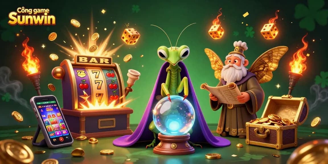 Cổng game Sunwin host an exciting scene with mystical characters and vibrant casino elements celebrating gaming