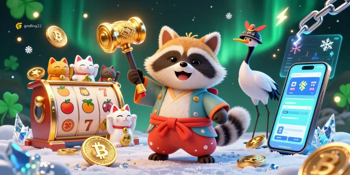 Engage with gading22 in a vibrant 3D scene featuring festival-themed characters and slot game elements.