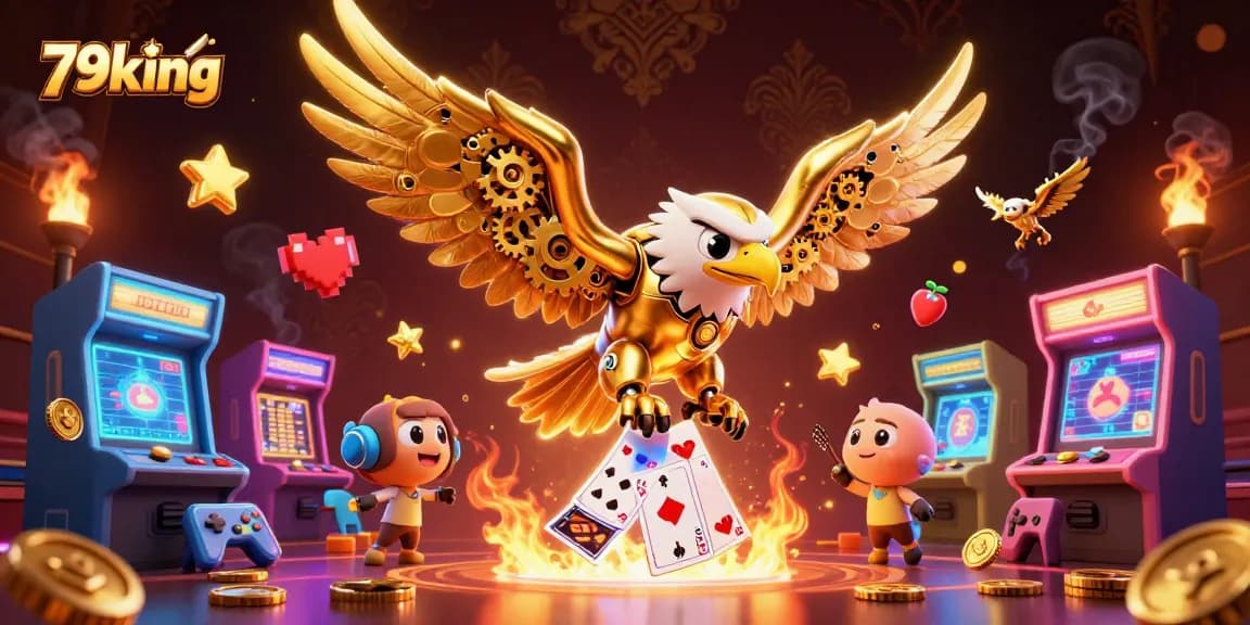 Experience the excitement of 79king with a dynamic illustration of a cybernetic eagle diving through holographic cards.