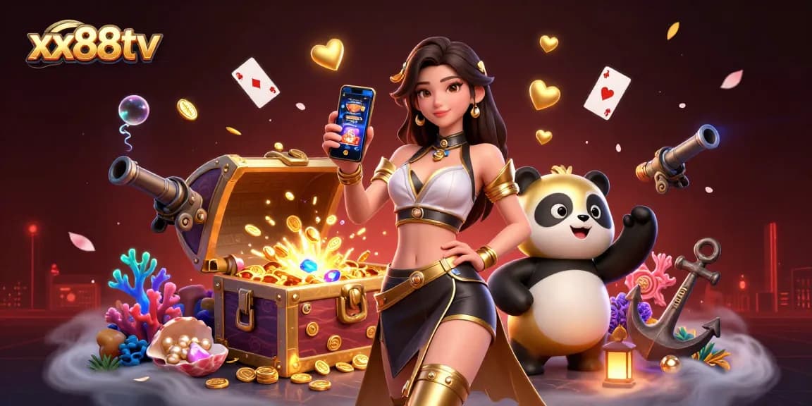 Engage with the vibrant world of xx88tv showcasing an Asian woman and panda mascot in a lively casino setting.