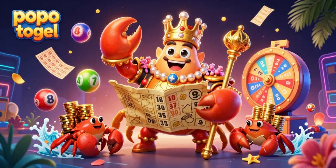 Experience popo togel with vibrant lottery scenes and a regal crab character amidst festive elements.