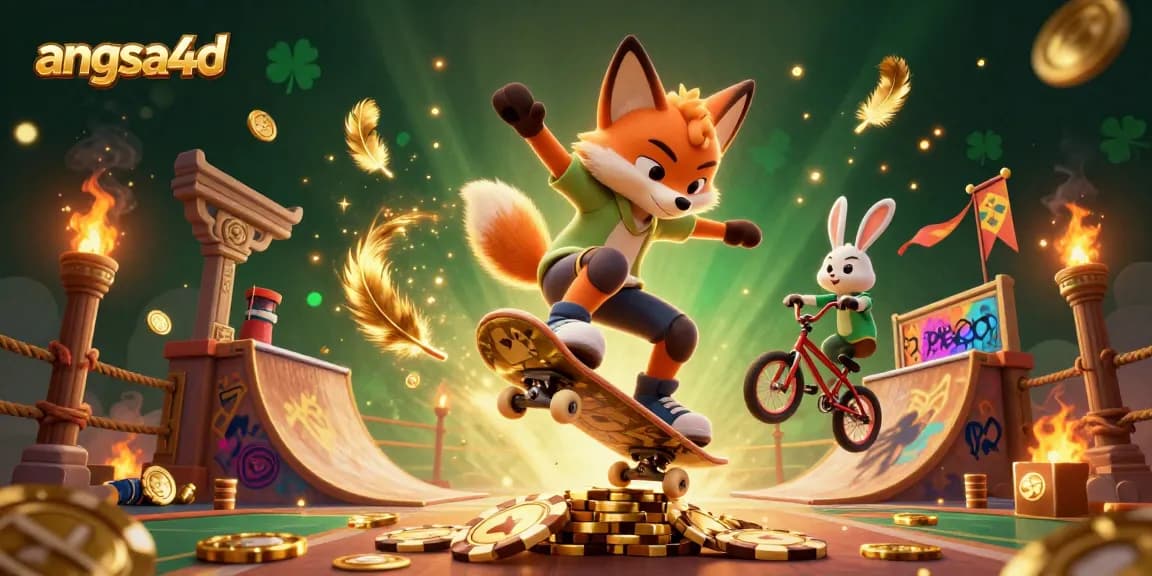 Experience fun with angsa4d as a fox skateboards over golden chips in a lively casino scene.