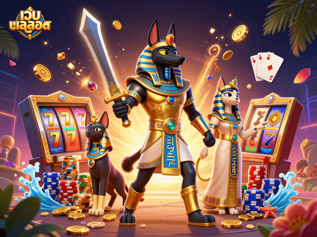 Spin the เว็บสล็อต reels featuring Anubis and Bastet with golden coins and vibrant gems.