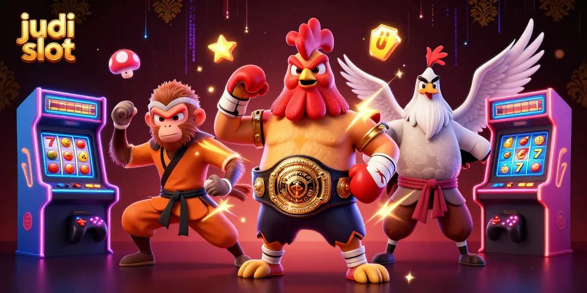 Bermain judi slot dengan suasana meriah dan penuh warna, menampilkan simbol dan elemen khas mesin slot.