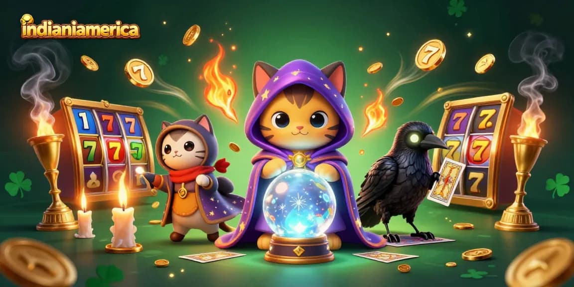 Engage in winning strategies at indianiamerica with a mystical cat and raven in a vibrant casino scene.