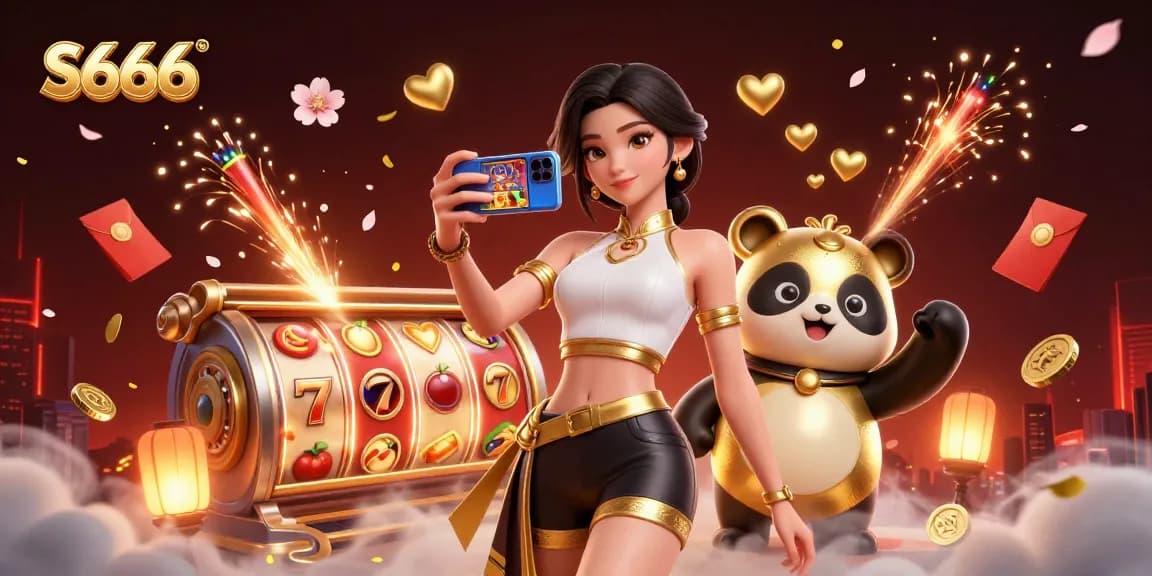S666 showcases a vibrant scene filled with slot machines, lucky symbols, and engaging characters in a casino atmosphere.