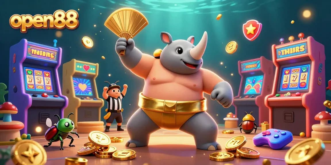Experience the excitement of open88 with jackpot action, golden coins, and 3D cartoon characters.