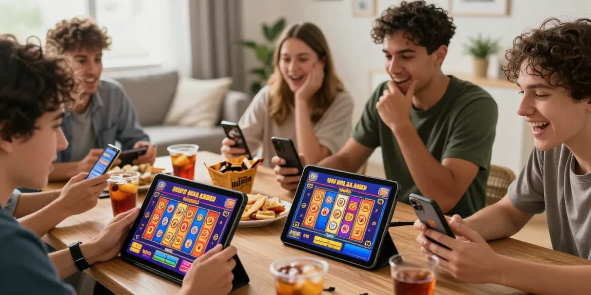 Permainan slot yang menarik dengan pemain yang bersenang-senang di perangkat mereka.