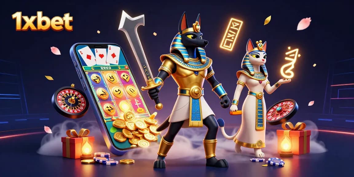 Win exciting games at 1x bet with Anubis and Bastet, surrounded by colorful slot reels and casino elements.