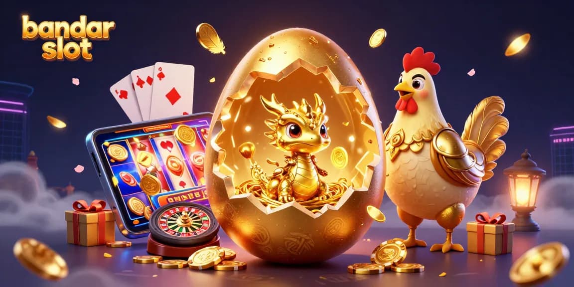 Permainan bandar slot yang mendebarkan dengan unsur emas, chip poker, dan slot yang mengesankan.