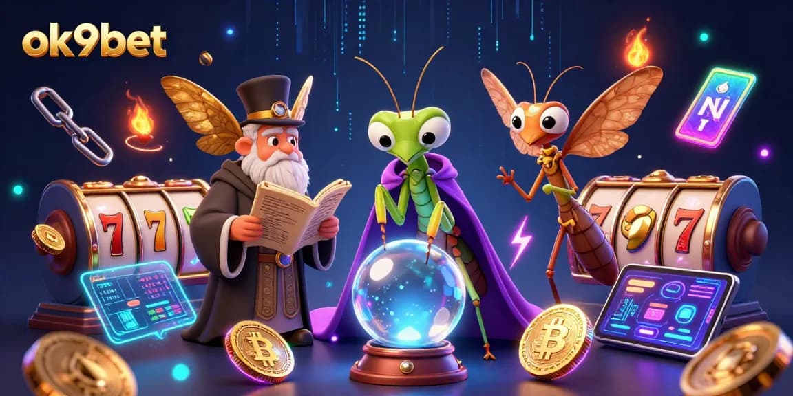 Engage in thrilling gameplay at ok9bet with vivid scenes of slots, Bitcoin, and Ethereum elements.