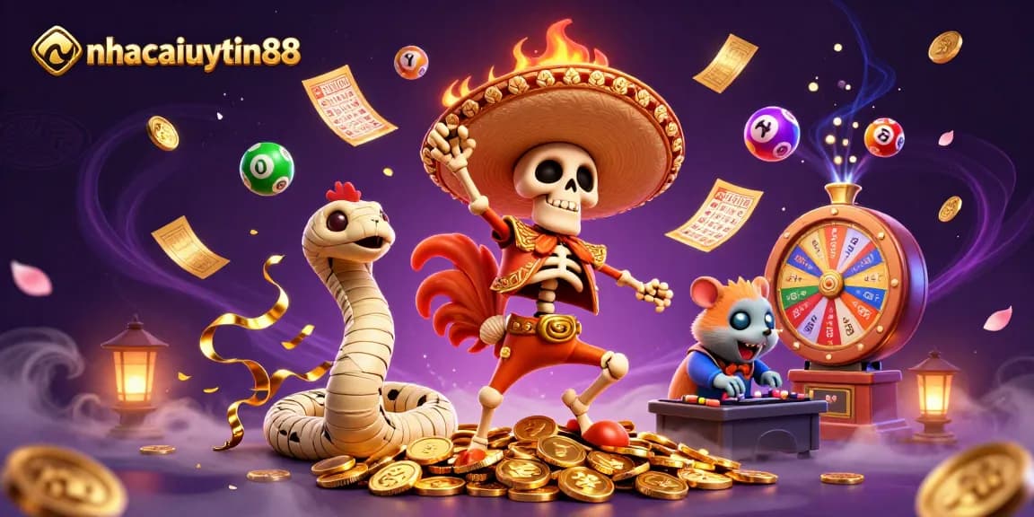 Experience the excitement of nhacaiuytin88 with vibrant lottery balls and animated characters celebrating in a casino scene.