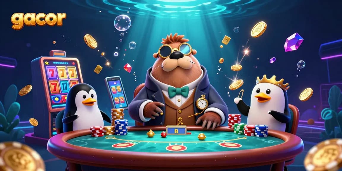 Spin the reels of gacor slots with a cheerful walrus and friends in an underwater casino scene.