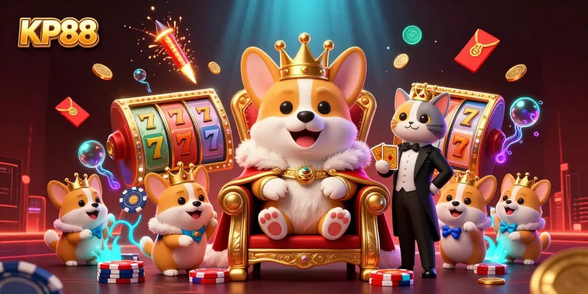 KP88 offers thrilling gameplay with royal corgi and a cat butler amidst floating slot reels and festive elements.