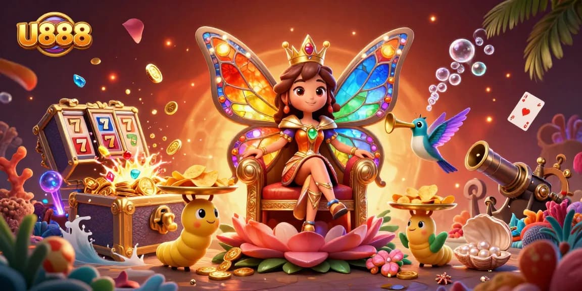 Experience thrilling gaming at U888 with the butterfly queen and dynamic casino icons.