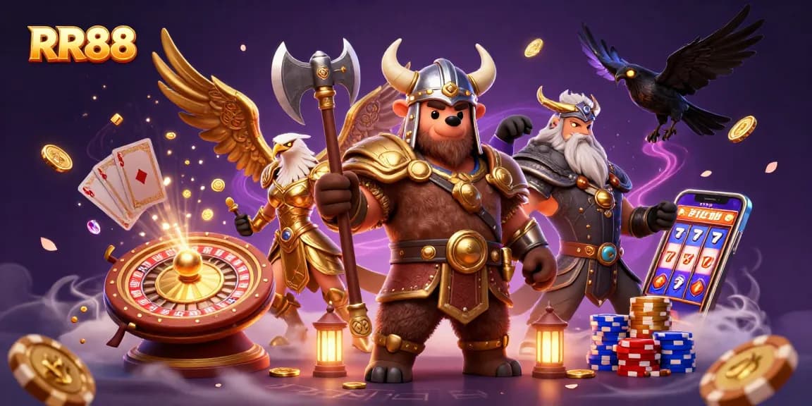 RR88 players enjoy thrilling casino games surrounded by dynamic golden coins and vibrant action.