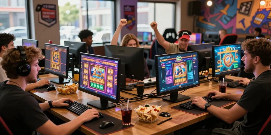 Players enjoying deposit tanpa minimal at a vibrant online gaming lounge.