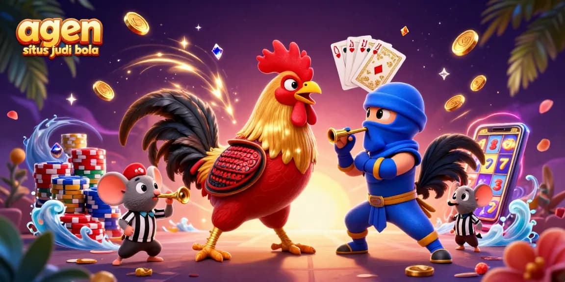 Engage with the action in agen situs judi bola: dynamic standoff between cartoon fighting roosters, rich casino elements.