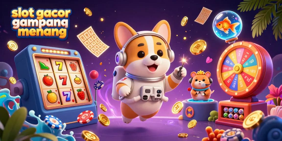 Experience excitement with slot gacor gampang menang in a vibrant casino scene featuring a playful astronaut corgi.