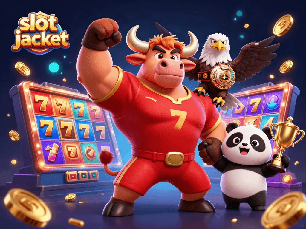Win big at the slot jackpot with a dynamic celebration featuring a bull, eagle, and panda.