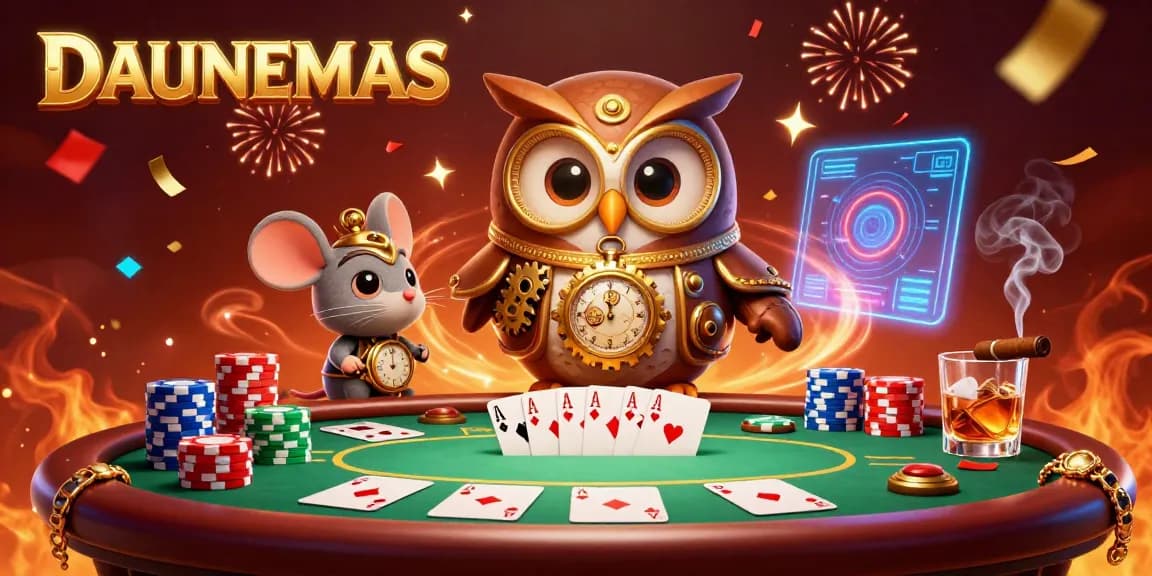 Experience exciting gameplay with DAUNEMAS in this vibrant 3D casino scene featuring poker elements.