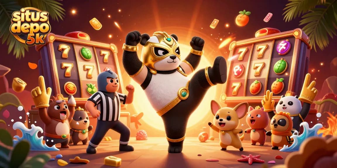 Engage with situs depo 5k as a panda wrestler kicks into action surrounded by spinning slot reels and cheering animal spectators.