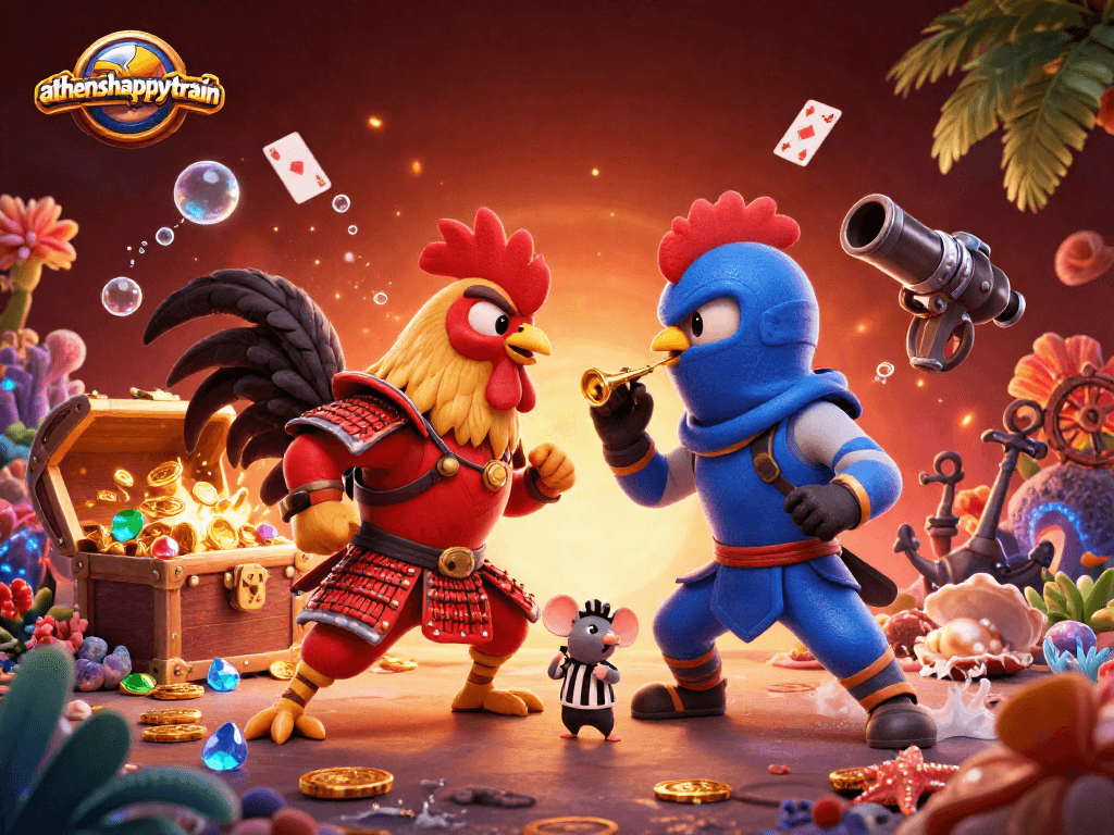 Athenshappytrain showcases an epic rooster duel in a casino-themed underwater setting, capturing vibrant excitement.