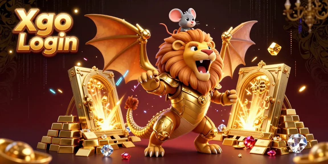 Join the thrilling adventure of Xgo Login with a chimera creature and treasure in a vibrant casino scene.
