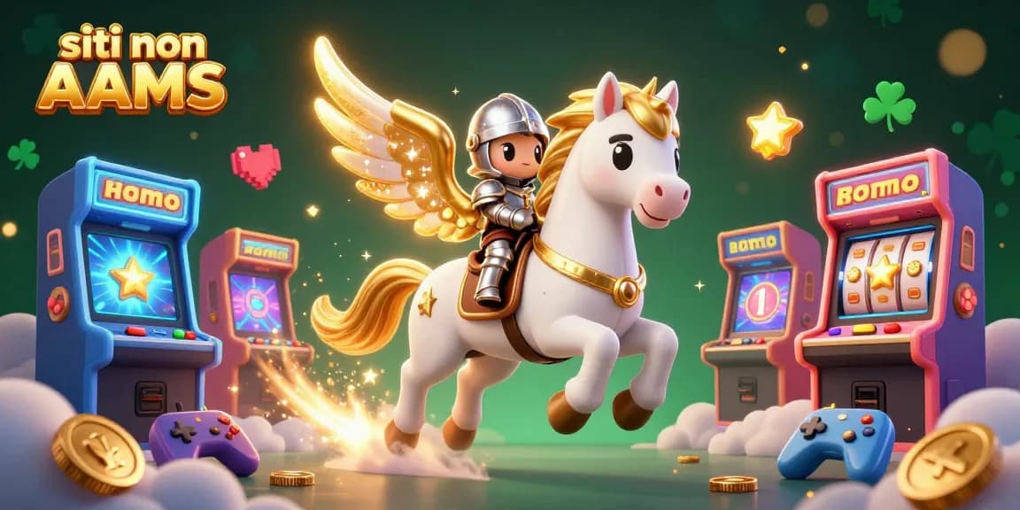 Scopri l'emozione con i siti non AAMS, con un cavallo celestiale, cavalieri e elementi di casinò colorati.