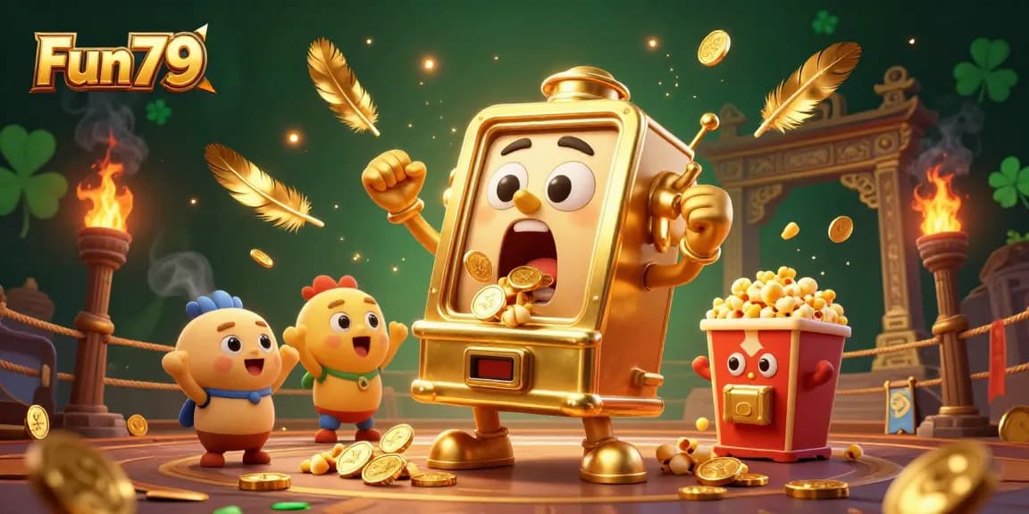 Experience thrilling wins at Fun79 with cartoon slot machines celebrating jackpots amid dynamic casino elements.