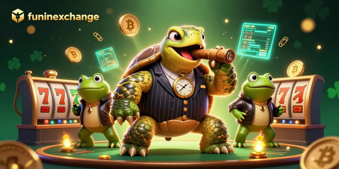 Experience the excitement of funinexchange with a cartoon turtle mobster and slot elements in a vibrant casino setting.