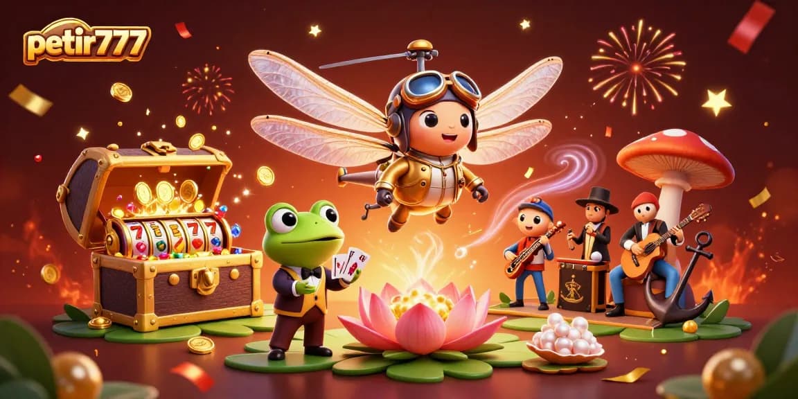 Engage with the vibrant petir777 gaming scene featuring a dragonfly pilot and frog dealer surrounded by casino thrill.