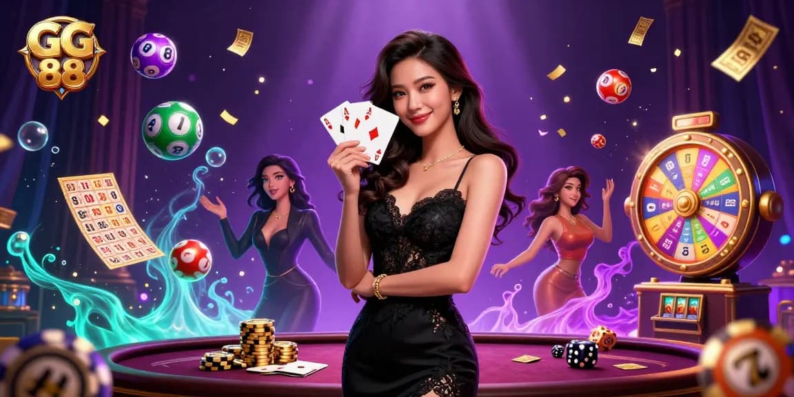 Experience excitement at GG 88 casino with a sophisticated Asian woman showcasing ace cards amidst vibrant gambling elements.