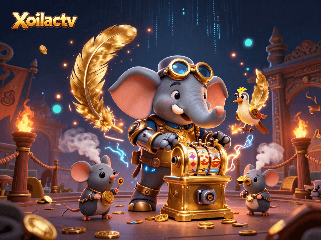 Xoilactv engages players with a steampunk-themed casino illustration featuring a golden slot machine and animated characters.