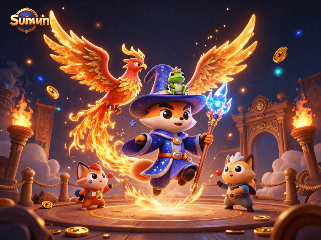 Join the excitement at Sunwin with a mystical wizard, phoenix, and treasures in this vibrant casino scene.