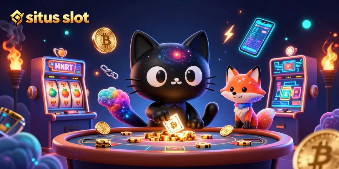 Gambarkan situs slot dengan kucing hitam berpusat gravitas di meja kasino.
