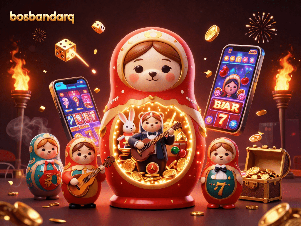 Play exciting games at bosbandarq with colorful slot machines, bears, and golden elements.
