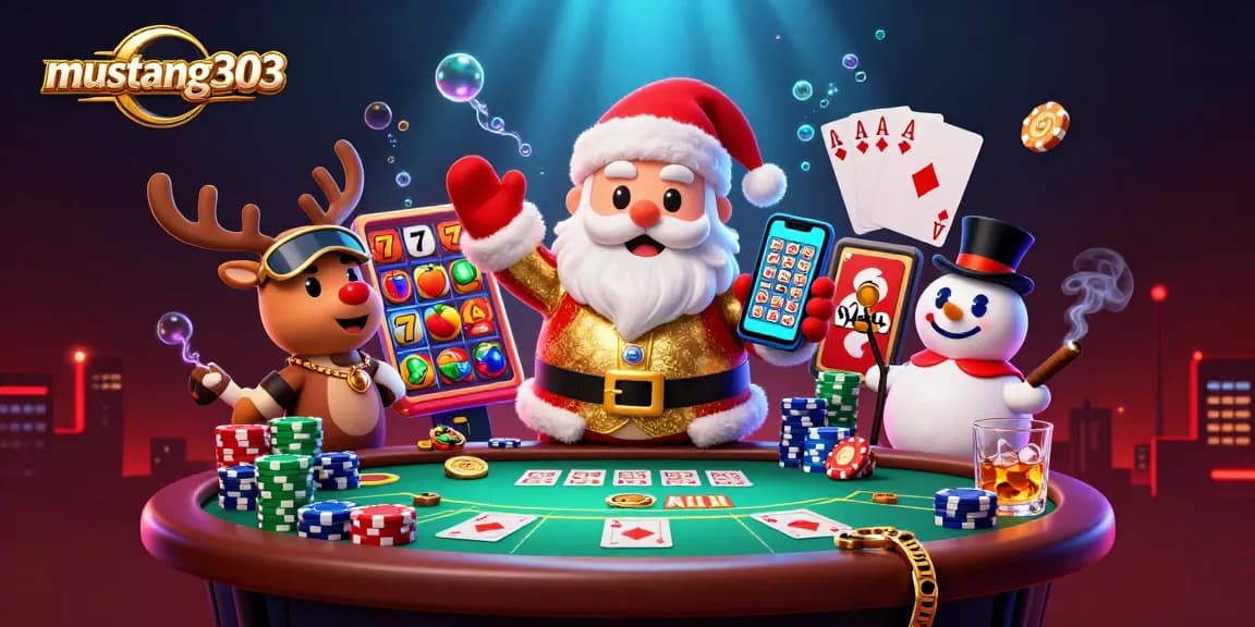 Join the excitement at Mustang303 with Santa, showcasing vibrant slots and casino elements.
