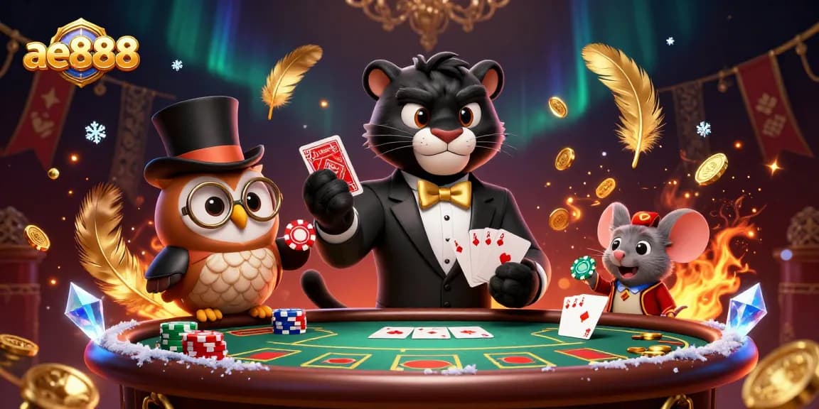 Engaging ae888 scene with a black panther dealing cards, surrounded by poker elements and vibrant atmosphere.