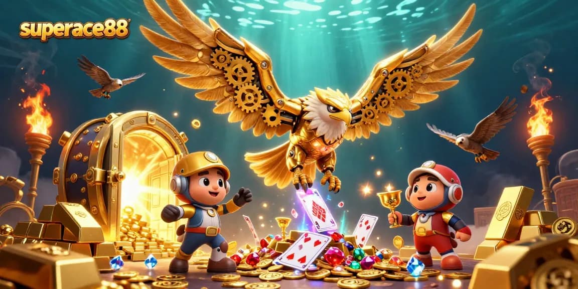 Experience thrilling gameplay at superace88 with a mesmerizing 3D golden eagle diving through casino symbols.