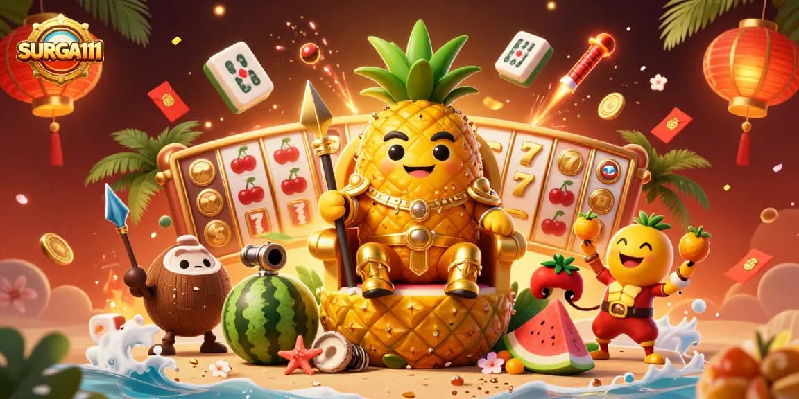 SURGA111 showcases the golden pineapple king and casino themes with vibrant slot elements in a stunning illustration.