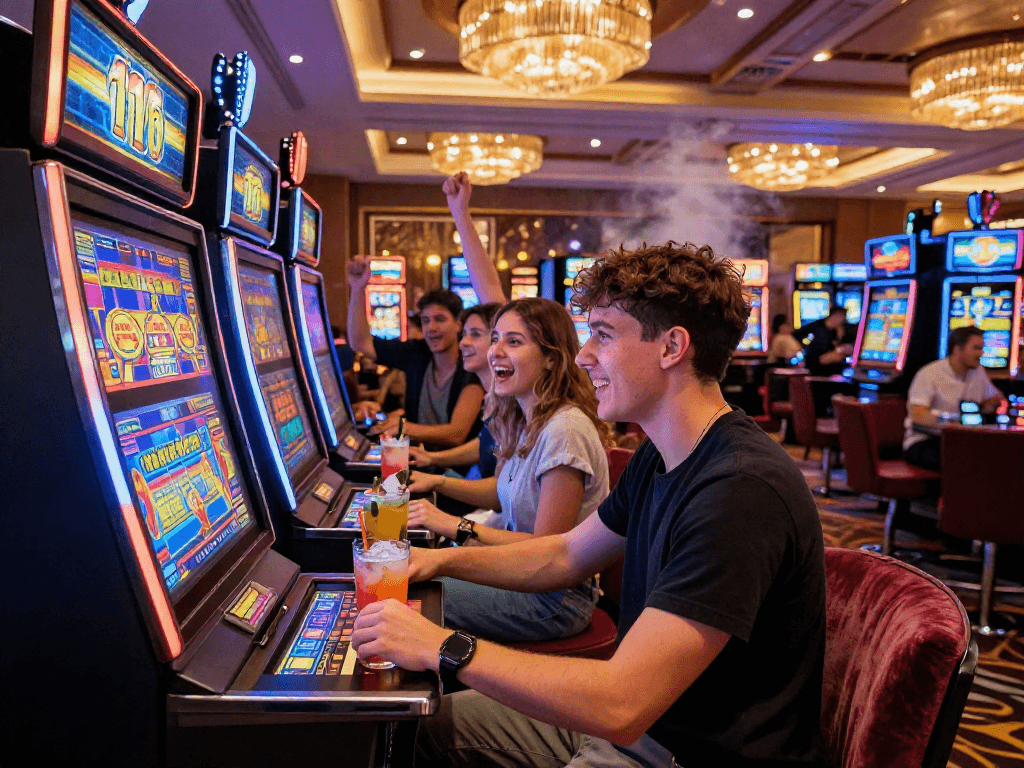 Excited player enjoying slot116 machine in a lively casino atmosphere.