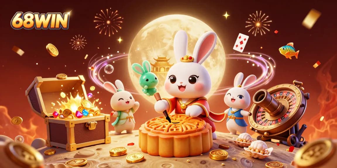 Engage with 68WIN's dynamic casino scene featuring a moon rabbit and poker chips amid vibrant game elements.