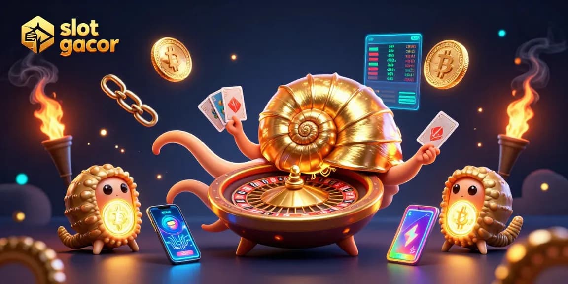 Engage in exciting slot gacor gameplay with colorful characters, crypto elements, and rich casino ambiance.
