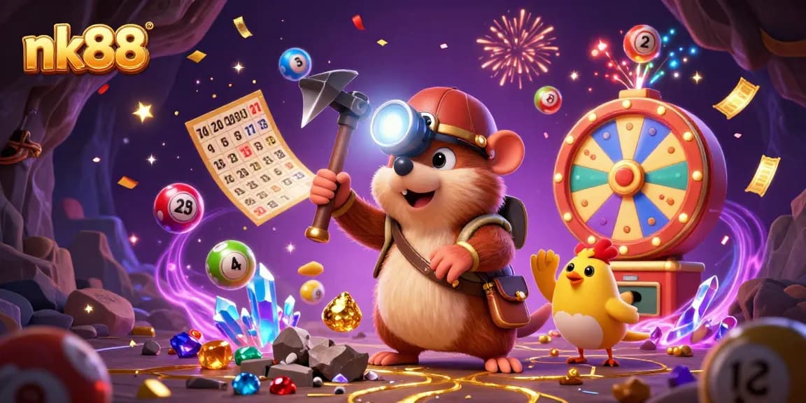 Experience nk88's vibrant gaming world with a treasure hunter mole and lottery excitement.