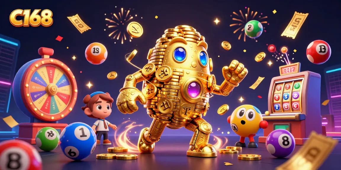 C168 features a lively 3D illustration showcasing a golden golem surrounded by lottery balls and festive elements.