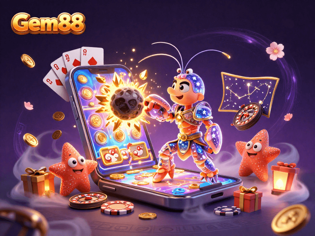 Gem88 features a galactic samurai mantis shrimp amidst a vibrant casino scene bursting with winning elements.