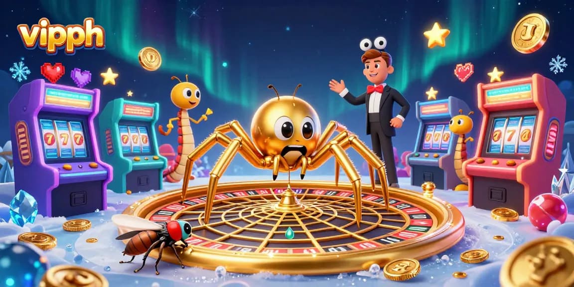Engage with vipph through a vivid 3D casino scene featuring a golden spider roulette wheel, animated characters, and arcade games.