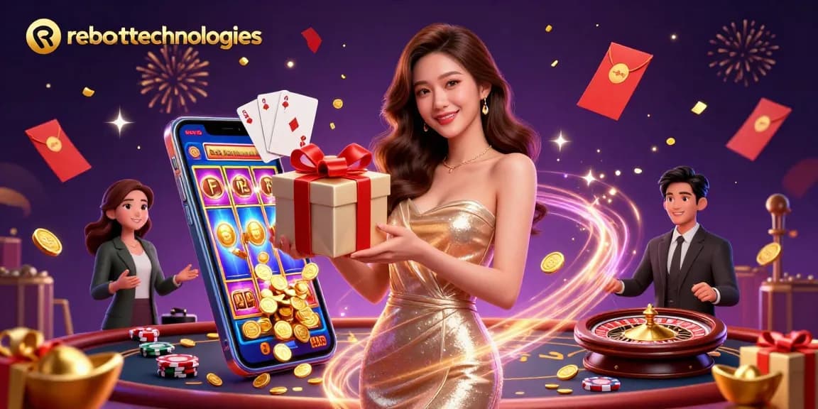 Engage with reboottechnologies in a festive casino scene featuring lucky gifts and vibrant gameplay elements.