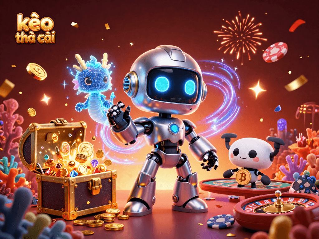 Engage with kèo nhà cái through a vibrant 3D scene featuring a robot mascot in a dynamic gaming setup.